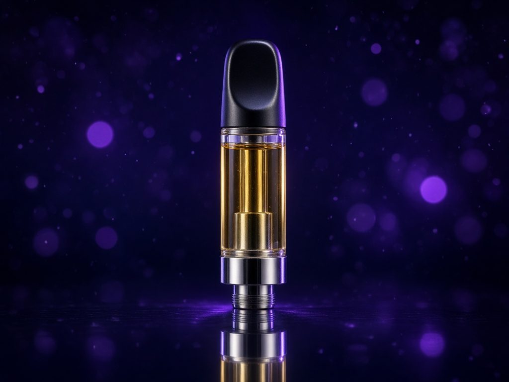 A generic glass vape cartridge with amber oil, lit in violet
